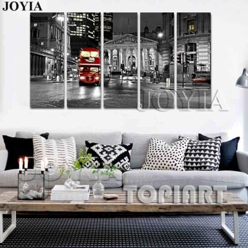 City Night Wall Art Canvas Prints London Red Routemast Decorative Paintings 5 Panel Large Canvas Printings Home Decor No Frame