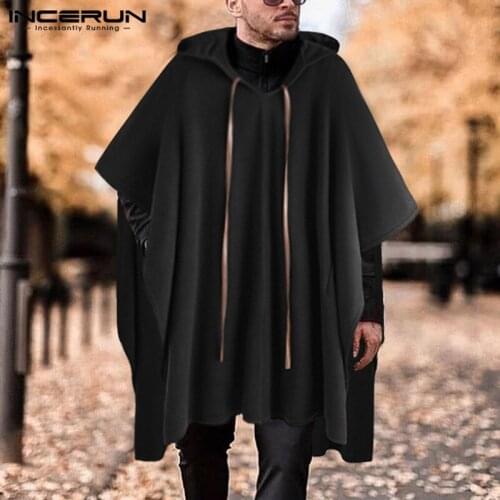INCERUN Fashion Men Cloak Coats Hooded Solid Color Cape 2021 Streetwear Poncho V Neck Loose Coat Irregular Men Long Trench S-5XL