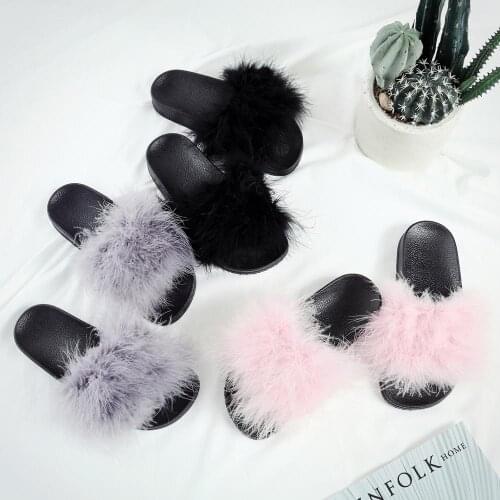 Trendy ostrich feather muffins slippers women thicken furry slides european creepers open toe sandals outdoor joker fur slippers