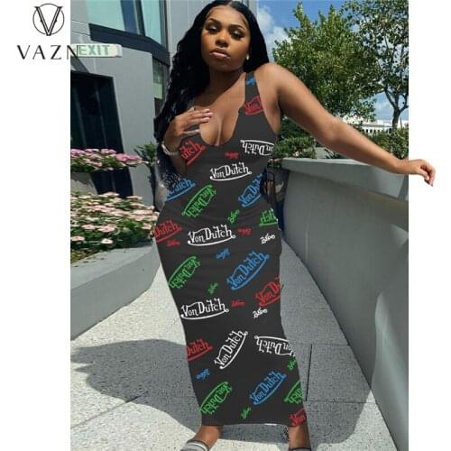 VAZN 2021 New Tank Long Dress Letter Fancy Young Soft Elastic Round Neck Skinny High Waist Woman Maxi Dress