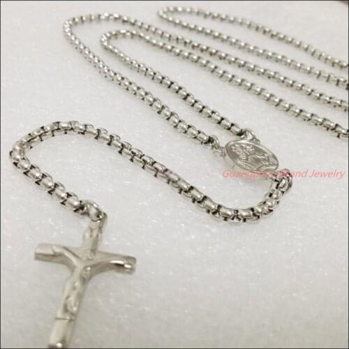 30"+5" 3mm New Charming Unisex Jewelry 316L Stainless Steel Silver color Box Chain Rosary Cross Pendant Mens Womens Necklace