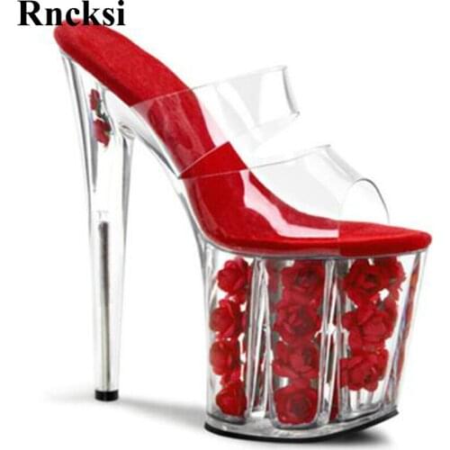 Rncksi Girls Shoes New 20cm High Heel Flowers Shoes Sexy Women Slippers Peep Toe Dance Clubbing Pole Dance Party Shoes Slippers
