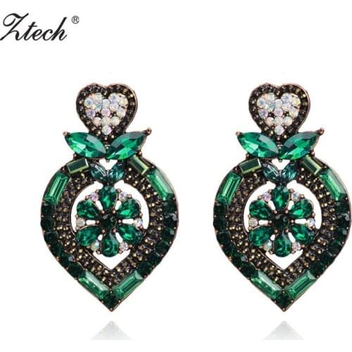 Ztech Handmade High Quality Luxury Large Green Rhinestone Hollow Beads Heart Earrings Statement Fashion Mori Earrings Jewelry