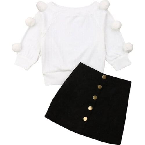 Newborn Baby Kid Girl Autumn Warm Outfits Sets Long Sleeve Tassel Hairball Knit Tops+Button Mini Skirts
