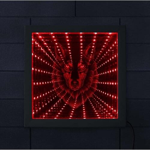 Wolf Head Infinity Mirror Wolf Portrait LED Lighted Picture Frame Wildlife Wolf Lighting Decor Animated Neon Light Tunnel Lamp