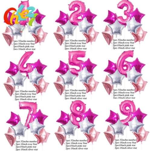 7pcs 32inch Number ballons+18inch star Helium balloon Birthday Party Shower Foil Balloons Boy Girl 1 2 3 year Party Decoration