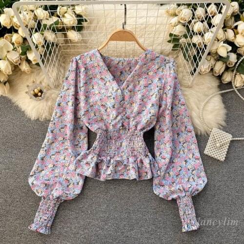 Retro Short Blouse Floral Shirt Sweet Ruffled Hem Cross V-neck Long Lantern Sleeve Elastic Waist Slim Fit Lady Tops Blusas