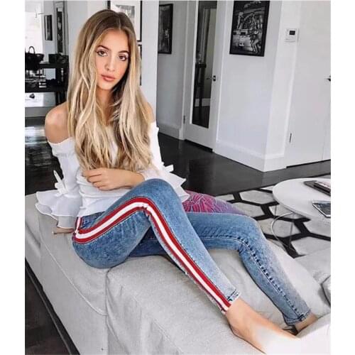 Ankle-Length High Waist Jeans Woman Side Striped Patchwork Skinny Jeans All Matched Casual Pants Brief Slim Winter Boots Jeans