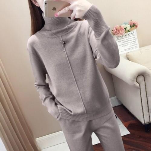 Knitted 2-piece suit ladies long sleeve turtleneck pullover + pencil pants suit ladies track knitted pants 2 piece set women