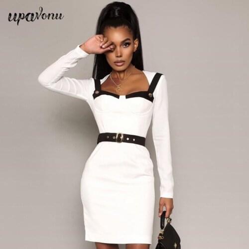 Free Shipping 2021 New Women White Long Sleeve Bodycon Bandage Dress Sexy Patchwork Mini Celebrity Evening Runway Party Dresses