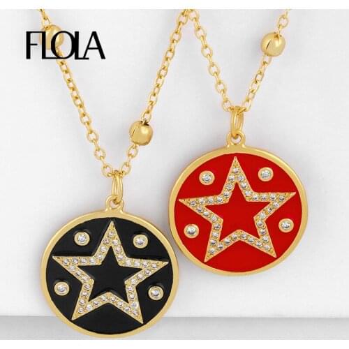 FLOLA CZ Zirconia Star Pendant Necklaces For Women With Crystal Enamel Round Necklaces Long Gold Chain Coin Women Jewelry nkeq15