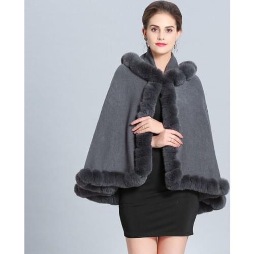 SWONCO Woolen Coat Cape With Hood Women Phocho Faux Fox Fur Winter Cloak Women Cape Dress Coat 2019 Ponchos Y Capas Mujer Capes