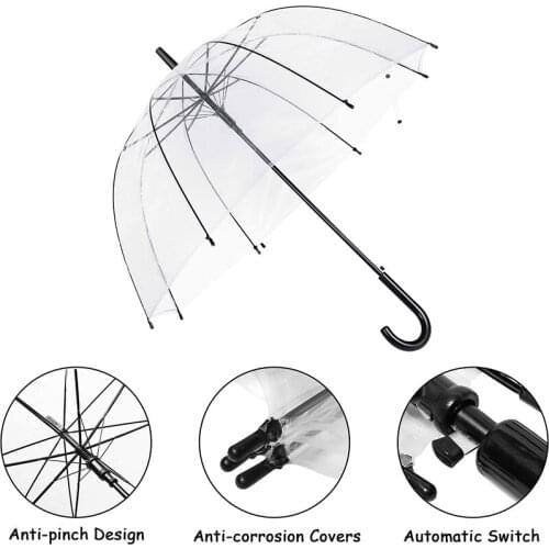 10Pcs Clear Bubble Umbrellas Large Canopy Umbrellas Auto Open Windproof with European Black J Hook Handle Outdoor Wedding Styles