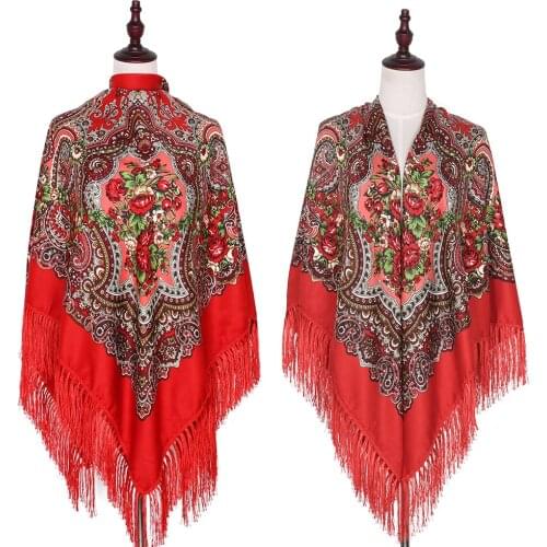 160*160cm Women Russian National Square Scarf Retro Floral Pattern Fringed Scarves Hijab Head Wraps Ladies Russian Blanket Shawl