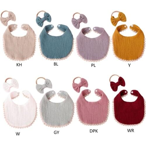 2 Pcs Baby Girls Elastic Bow Headband Saliva Towel Set Princess Bowknot Hair Band Bib Kit Burp Cloth Headwear