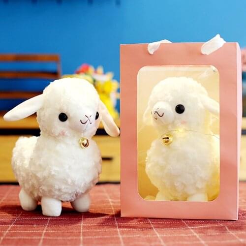 23cm Cute Sheep Shaped Short Plush Toy Cartoon Style Standing Stuffed Doll with Bell for Children Birthday Gift + LED+ Gift Box