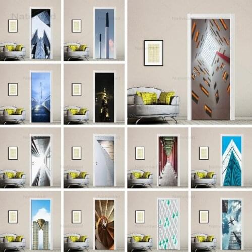 3D Pvc Door Sticker Modern Corridor Buildings Space Tunnel Self Adhesive Wallpapers for Bedroom and Living Room Decoration
