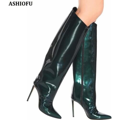 ASHIOFU Handmade New Women Knee High Boots Classic Pointed-toe Party Prom Boots Large Size Fashion Evening Boots Shoes