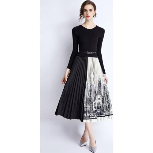 Banulin 2021 Autumn Winter Women Contrast Color Stitching Knitted Warm Sweater Dress Female Long Sleeve Ol Midi Pleated Dress