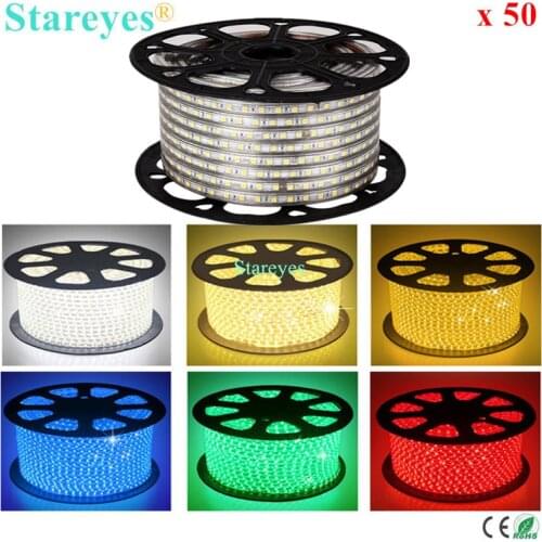 Free shipping 50 Rolls 5000 Meters SMD 5050 8mm PCB 60LED/M AC220V Led Strip IP67 Waterproof Flexible Led tape RGB Light Ribbon
