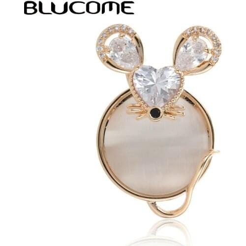 Blucome Luxury Cubic Zircon Mouse Brooches Gold Color Copper Opal Animal Brooch Hijab Pin Suit Collar Clip Badge Christmas Gifts