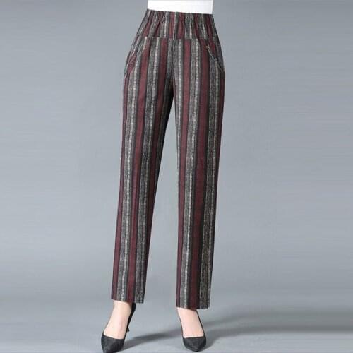 Casual Stripe Straight Leg Trousers Women Summer Loose Elastic High Waist Middle Aged Clothing Plus Size Office Pants Female