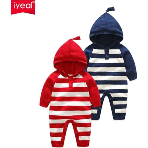 IYEAL Spring Autumn Knitted Striped Long-sleeve Hooded Baby Clothes Children Boys Girls Romper Toddler Outfit