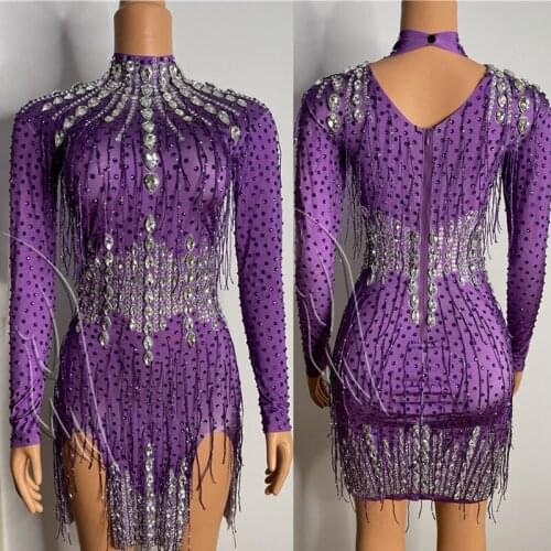 Purple Fringed Short Skirt Full Diamond Long-Sleeved Dress Birthday Celebrate Evening Dress Dj Gogo Performance Costume XS2278