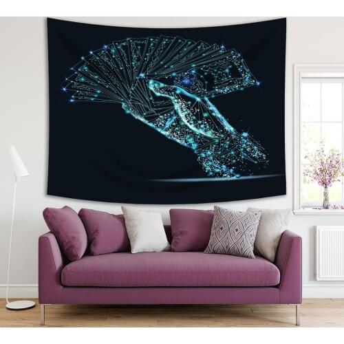 Tapestry Bundle of Dollars in Hand from Low Poly Wire Frame on Dark Background Data Cash and Finance Artwork Blue green