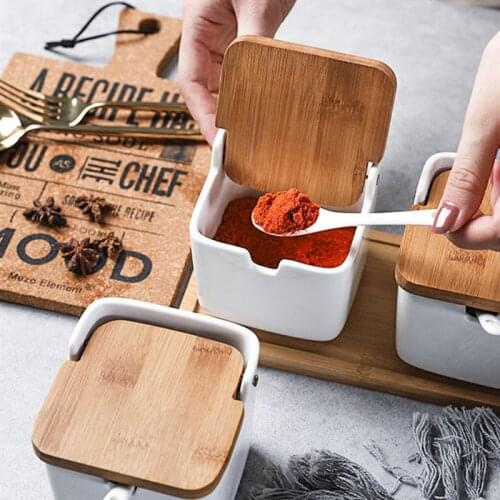 Ceramic Seasoning Pot Sugar Salt Storage Jar Bamboo Lid Square Round Shape Herbs Storage Can Kitchen Tools