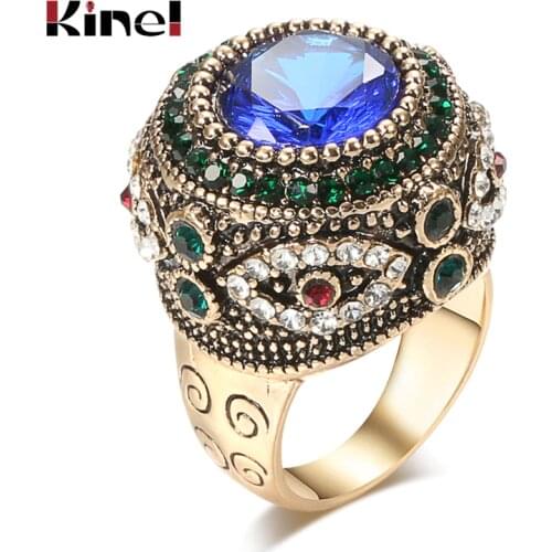 Kinel Fashion Gold Antique Ring For Women Boho Blue Resin Inlay AAA Crystal Punk Charm King Ring Vintage Jewelry