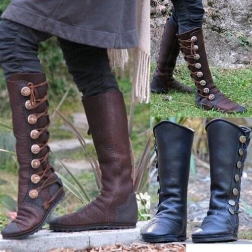 Retro Women Men Buckle Leather Viking Pirate Knee High Forest Hiking Boots Knight Carnival Party Cosplay Causal Shoes Steampunk
