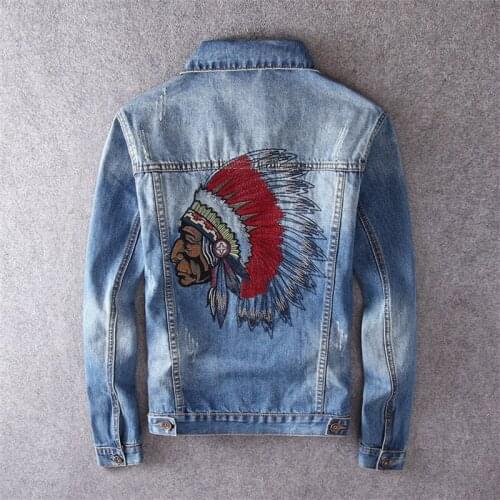 Spring/Autumn Mens Retro Washed Indian Embroidery Denim Jacket Fashion Trend Casual Slim Hip-hop Denim Jacket Large Size Coat