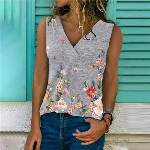 2021 New Summer Fashion Flowers Printed Tank Top Women Casual Sleeveless Vests Loose V-neck T-shirts Female Trendy Streetwear