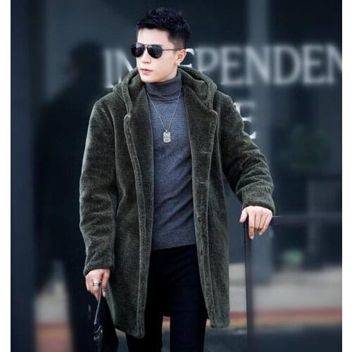 Winter autumn thicken thermal sheep fur leather jackets men casual mens medium-long coats outerwear fashion hooded black warm