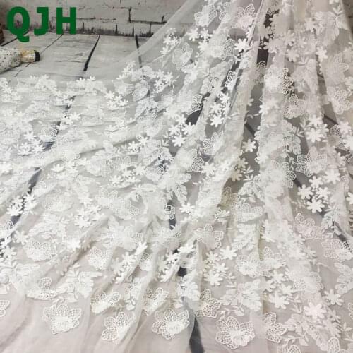 New Pure white 1 yard Floral pattern 3D Embroidered Lace Fabric African swiss voile lace milk silk for Skirt&Dress DIY Materials