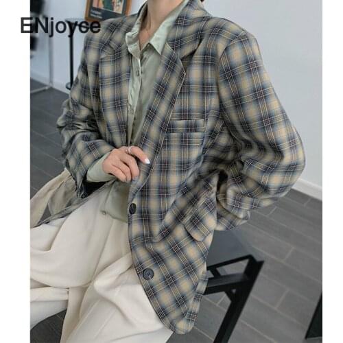 Autumn Winter Vintage Gray Plaid Loose Outerwear Women Suit Jacket Female Elegant Regular Fit Ladies Office Coat Blazer Femme