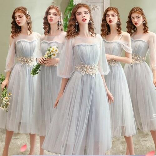 New Grey Bridesmaid Dresses Mismatched Tea Length Tull Illusion Sleeves Spring Summer Graduation Birthday Girls Dress Wedding