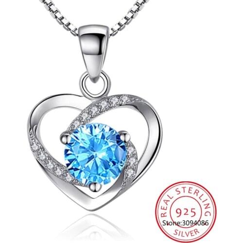 925 Sterling Silver 2021 New Womens Fine Jewelry High Quality Blue Crystal Zircon Heart Pendant Necklace Length 45CM