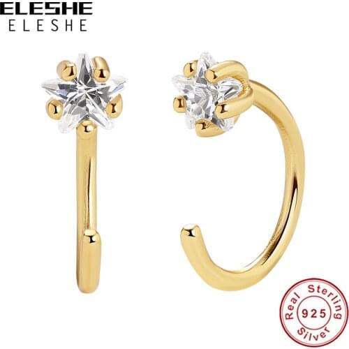 ELESHE 925 Sterling Silver with 18K Gold Plated Hoop Earrings For Women C Shape Half Circle Star CZ Huggies Earrings Jewelry