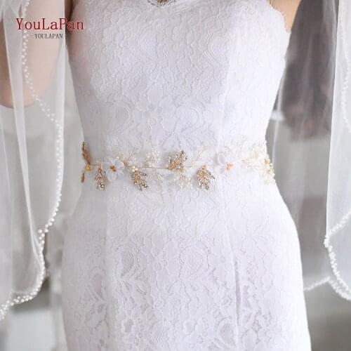 YouLaPan SH72 Wedding Flower Belt Golden Leaves Bridal Belt Crystal Pearl Wedding Sash Belt for the Bride Pearl Leaf Flower Sash