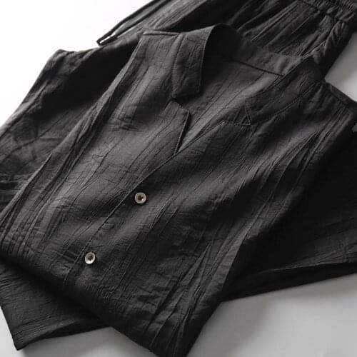 Summer thin casual sports suit men Chinese style wrinkled striped small V-neck cardigan breathable shirt trousers two-piece suit