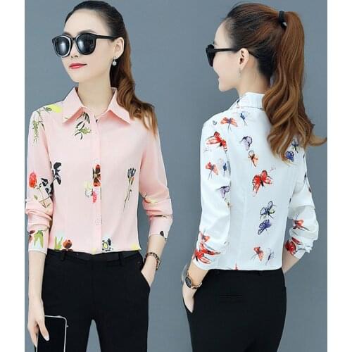 Loose Blouses shirts Women Fashion Long Sleeve Turn Down Collar Butterfly Floral Print Shirt Blouse Women Shirts Simple design