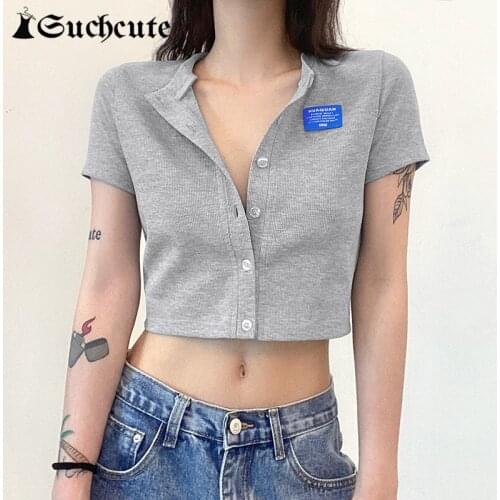 SUCHCUTE Korean Single-breasted T-Shirts Women Harajuku Letter Print Casual Basic Tops Tee Summer Streetwear Skinny Cropped Tops