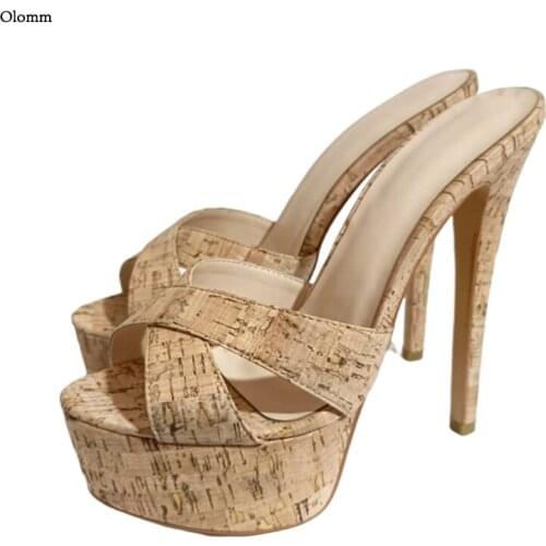 Olomm Handmade Women Summer Platform Mules Sandals Slip On Sexy Wedges High Heels Open Toe Cool Brown Beach Shoes US Size 5-20