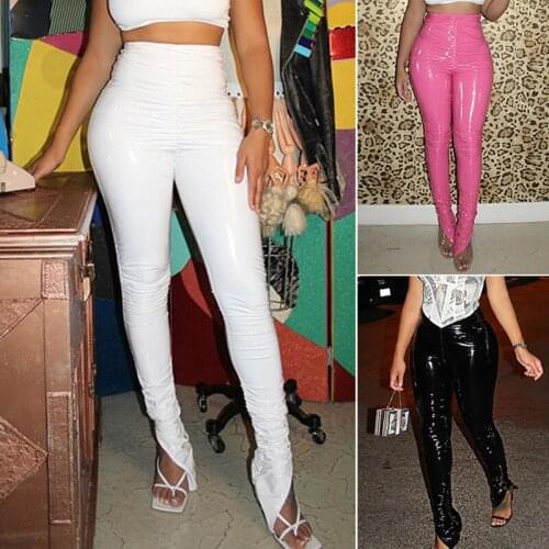WomenS Sexy Slim Fashion Mirror Personality Pleated Pu Leather Pants Split Leg Trousers