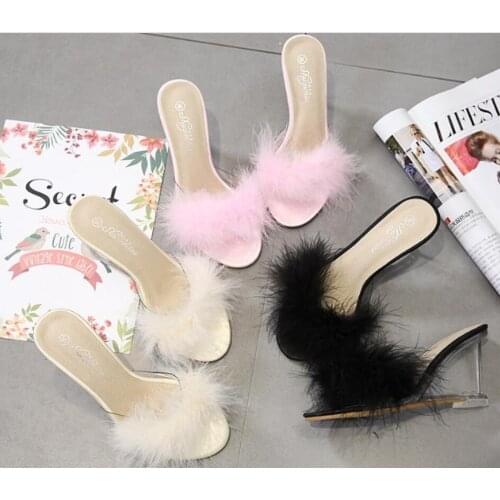 3 Color Female Slipper 35-40 Women Shoes Slides Ultra-high-heeled 8.5cm Feather Wedges Crystal Transparent Wedding Shoes