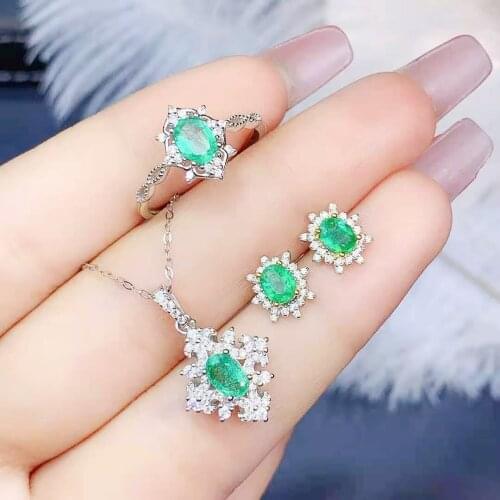 Fine Natural Columbia Emerald S925 Sterling Silver Earrings Rings Pendants Necklace Luxury Set Women Weddings MeiBaPJFS