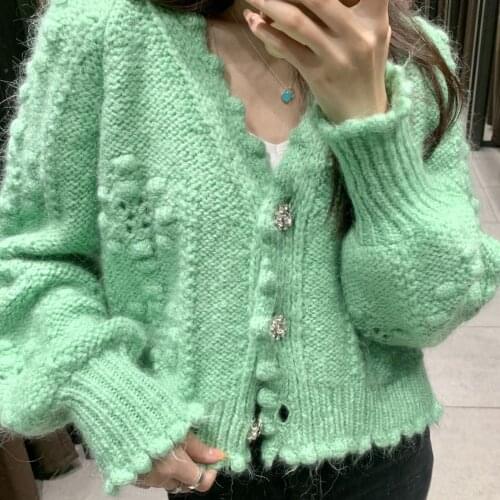 2021 New Women Vintage Sweater Loose Hollow Out Flower Buttons V Neck Cardigan