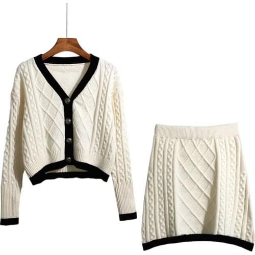 Sweater Cardigan Skirt Suit Women Autumn And Winter New Style Korean Short Thin Top Wrap Hip Skirt Knitting Two Piece Set